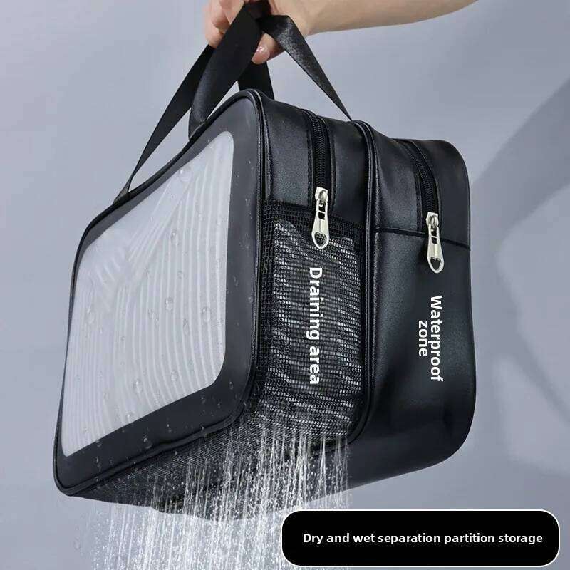 Large capacity transparent dry wet separation double-layer wash frosted PU travel portable handheld bath storage bag GF32 XJ260310