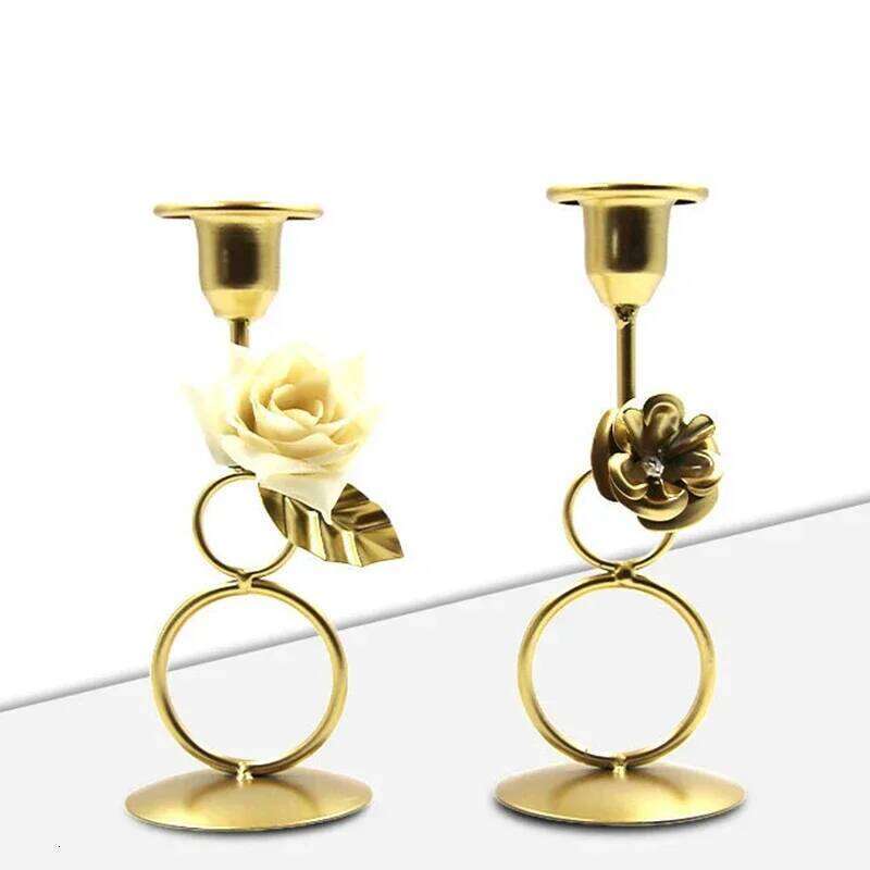 Nordic Rose Candlestick Metal Iron Crafts Wedding Candelabrum Flowers Ring Wax Candle Stand Dining Table Center Piece Decoration H260310
