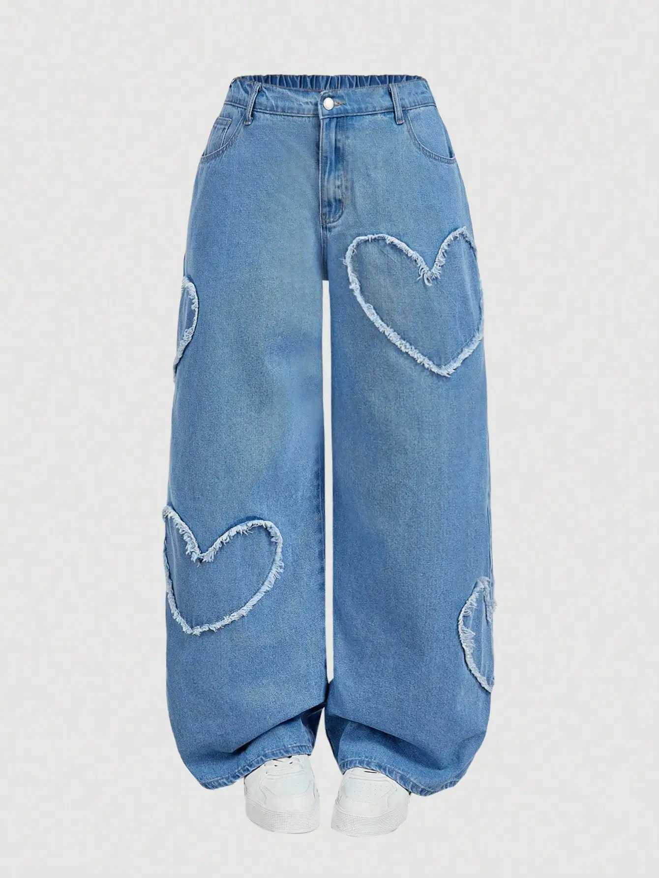 Plus Size Pink Heart Patch Wide Leg Jeans for Women Casual Denim Pants with Frayed Detail M260310