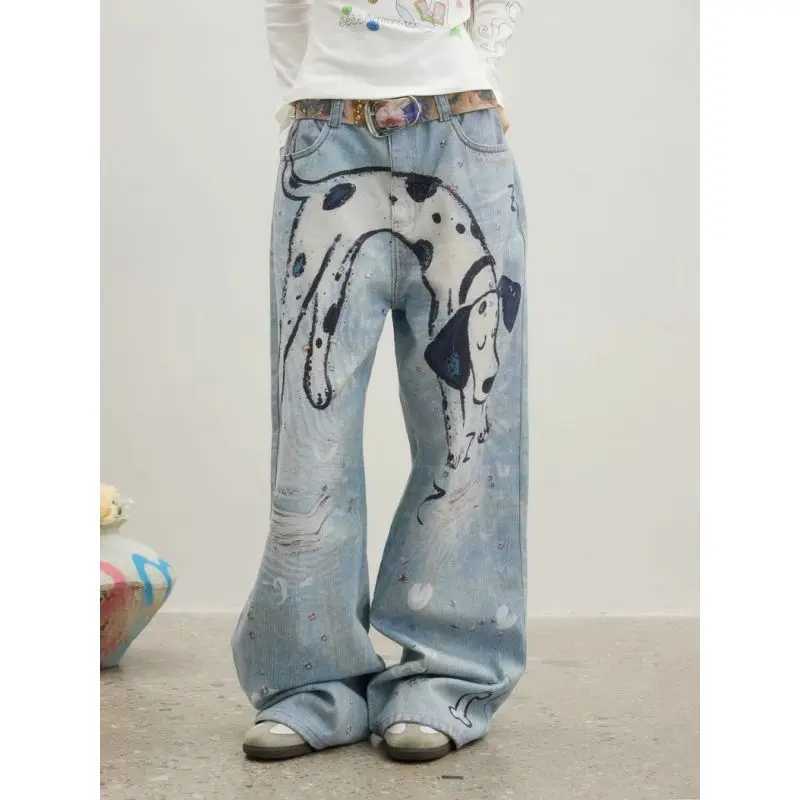 Y2K Vintage Washed Baggy Wide Leg Jeans Women Hand-painted Dalmatian Dog Print Mid Waist Casual Streetwear Denim Pants M260310