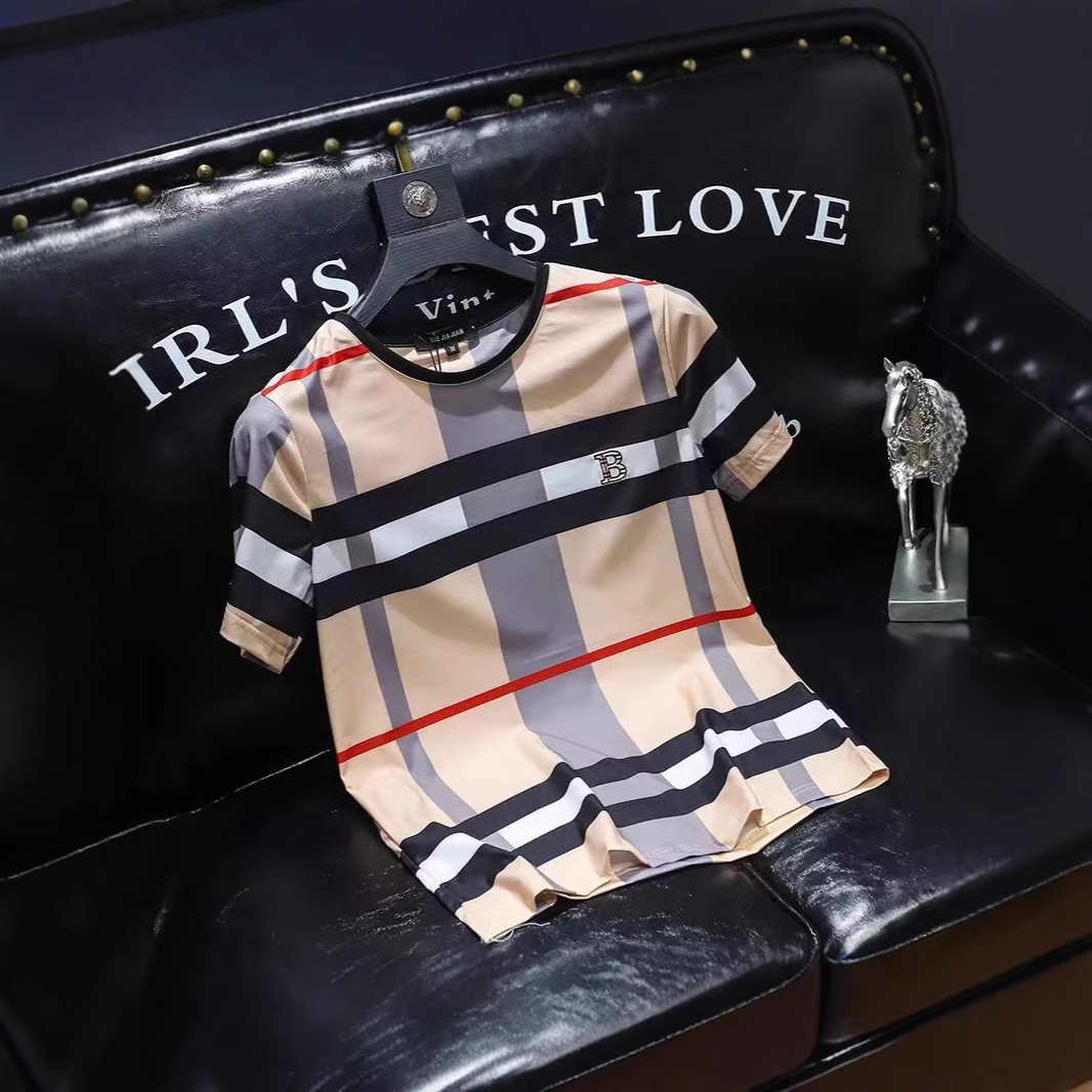 Clothes Luxury Designer European Station Cool Short Sleeve T-Shirt For Men Summer New Plaid Brand Print B Letter Personality 2026 Youth Trend Plus Siz