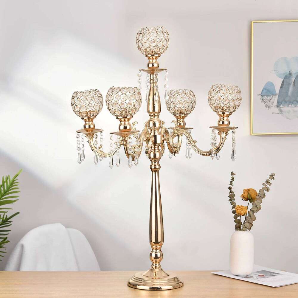 Gold Crystal Candle Holders for Wedding Party Home Decoration Centerpieces, Halloween Christmas Room Decor 5 Arms Candlestick H260310