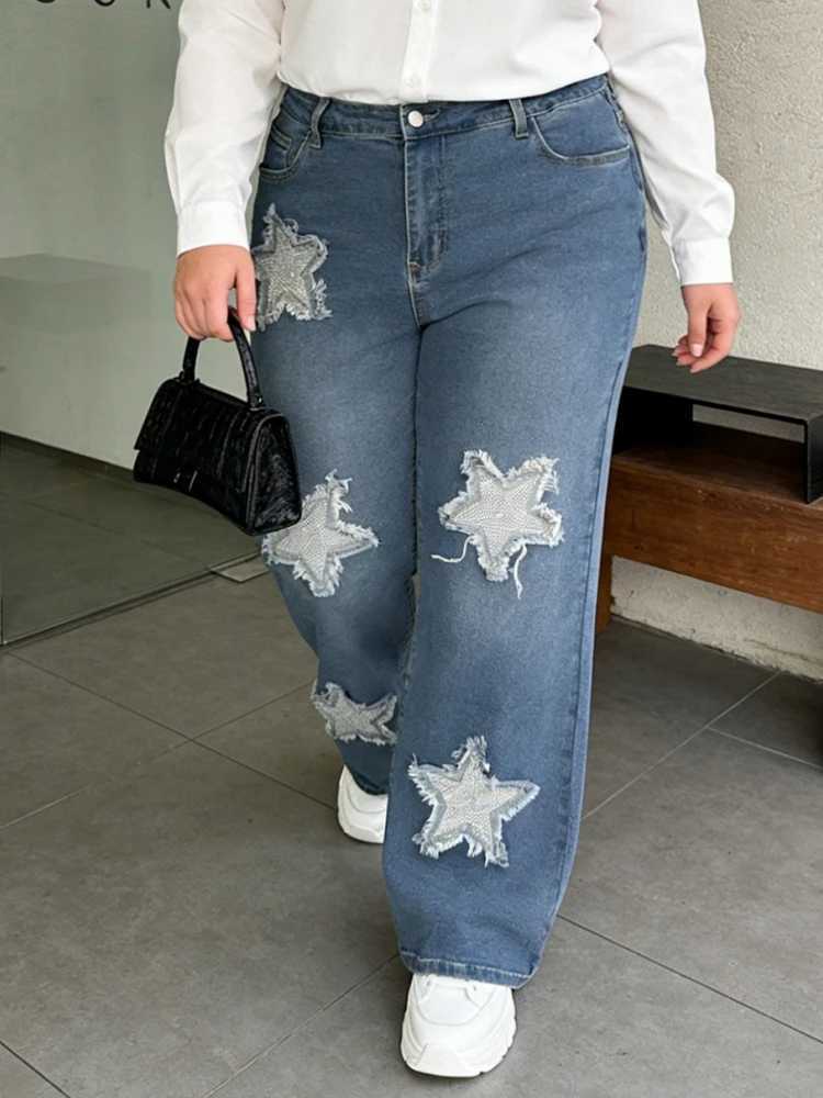 L-5XL Plus Size Jeans Women Elastic High Waist Long Pants Spring Autumn Fashion Print Big Size 3XL Oversize Office Lady Trouser M260310