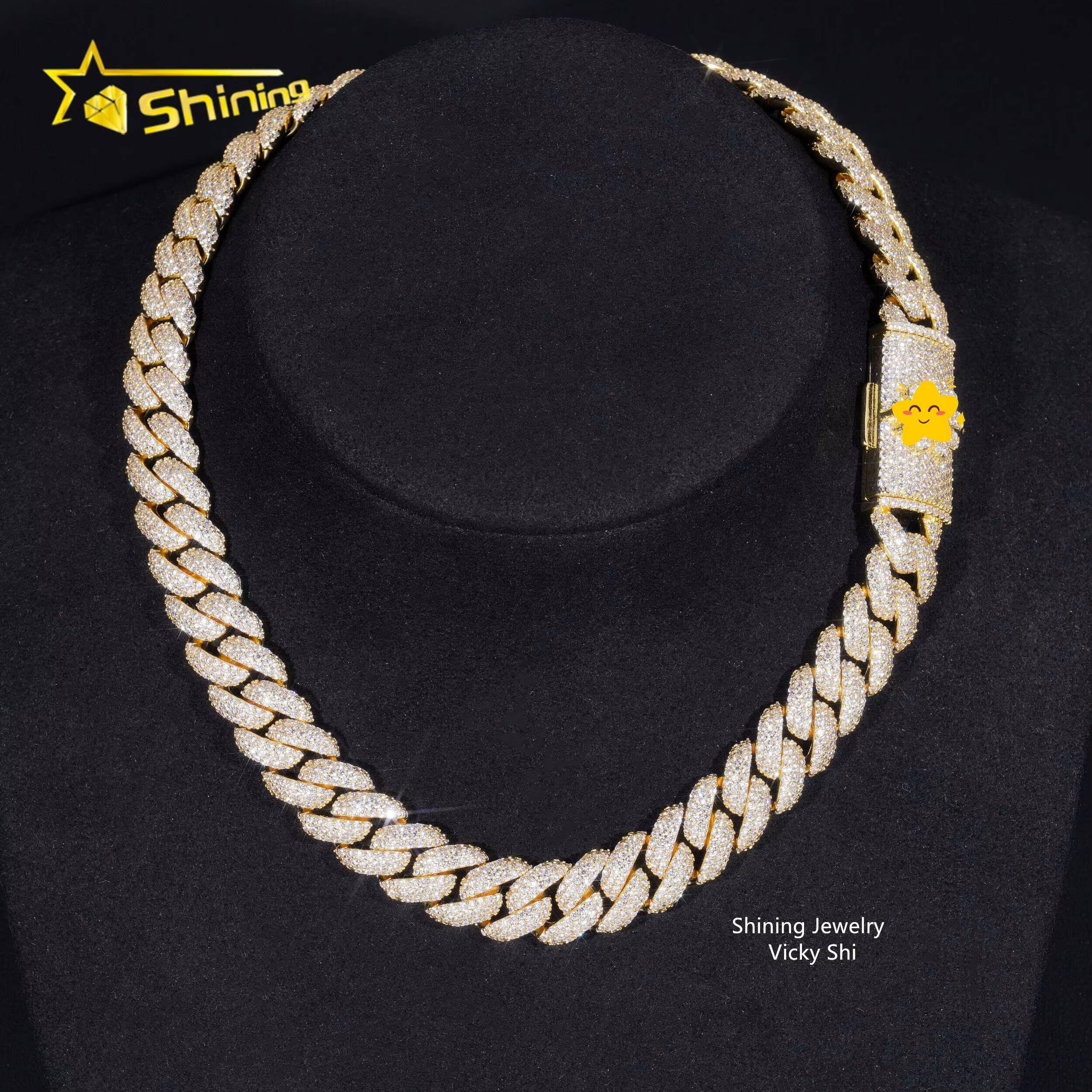 Gold Plated Pass Diamond Tester 13MM 925 Silver Iced Out Moissanite Cuban Link Chain Men Hip Hop Chain Necklace