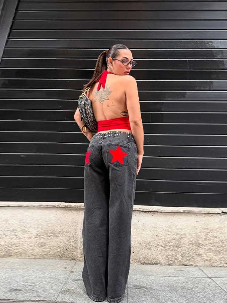 Classic Studded Denim Jeans Pant Womens Star Patchwork Baggy Pants Wide Leg Trendy Streetwear Casual Daily Female TrousersT260310