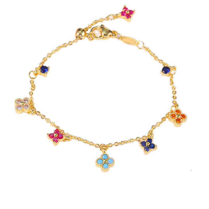Clover Bracelet for Women Dainty O-Chain Colorful Zircon Inlaid Four-Leaf Clover Bracelet 18K Gold Plated Light Luxury INS Dopamine Adjustable Versati