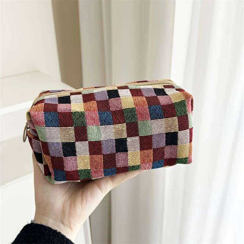 Retro Plaid Makeup Bag with Mirror, Double Layer Chinese Design Cosmetic Case, Women Travel Organizer for Skincare Essentials XJ260310