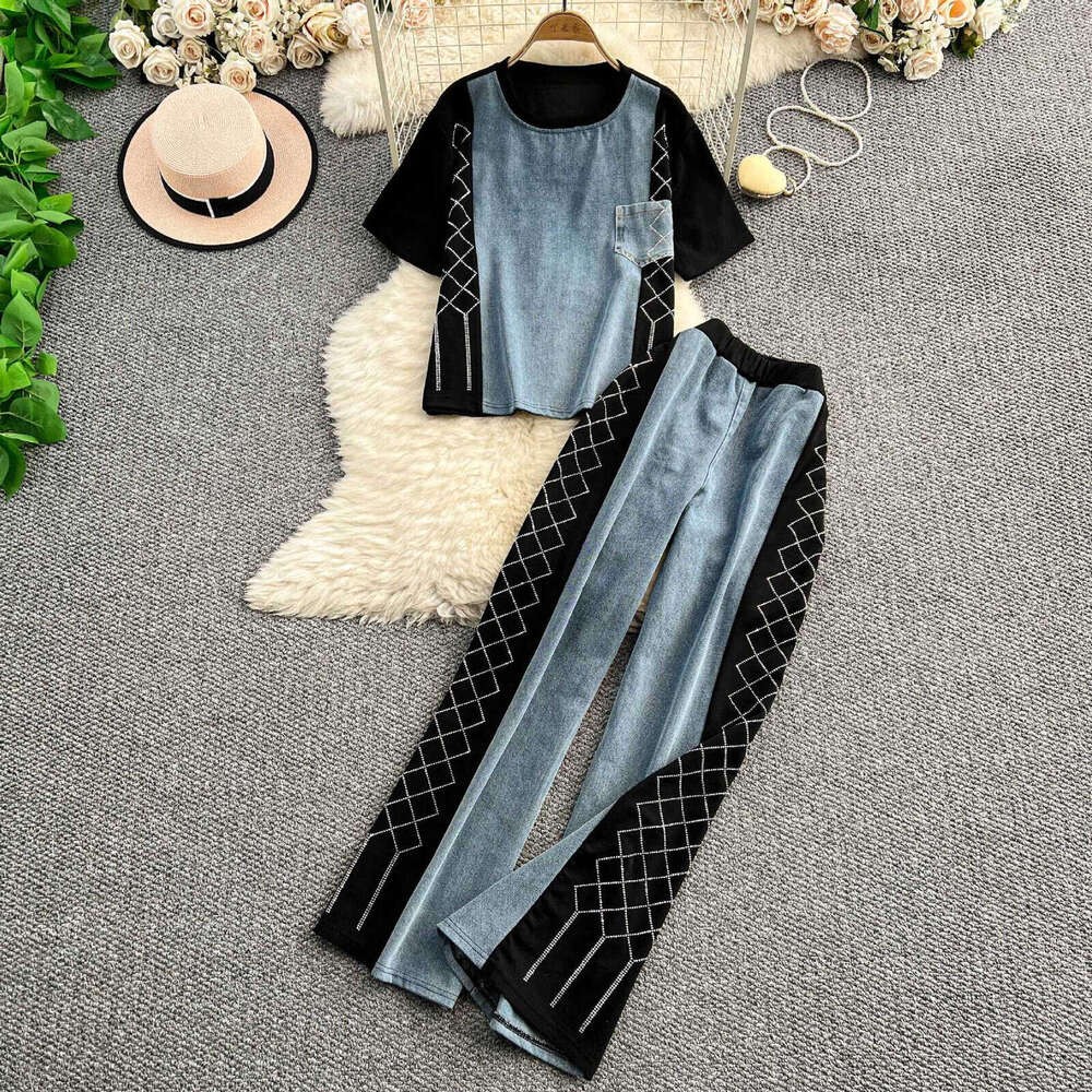2026 summer design loose fit denim patch rhinestone round neck short sleeved top wide leg pants set