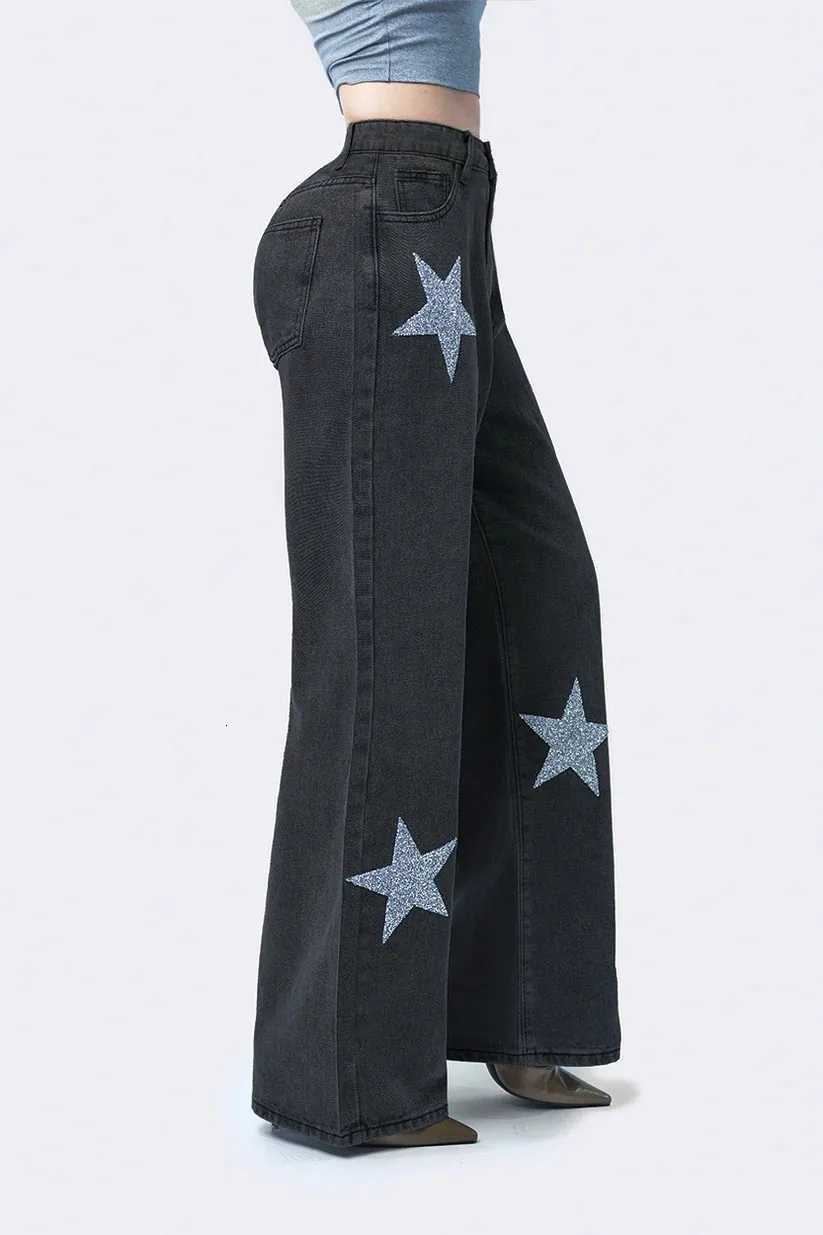 Women Wide Leg Straight Silver Star Jeans Hip Hop Print Fashion High Waist Black Baggy Jean Y2k Harajuku 2000s Women ClothingT260310