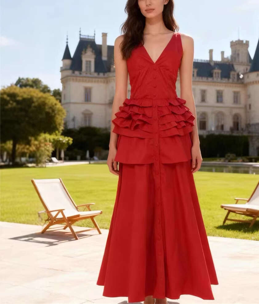 2026 Spring/Summer Goddess Style Sleeveless V-neck Ruffle Solid Color Long Vacation Dress in Multiple Colors