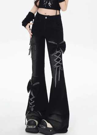 Womens Low Rise Flare Jeans Bow Lace Up Japanese Designer Denim Pants Shoujo Y2k American Retro Bell Bottom Jeans Harajuku New M260310