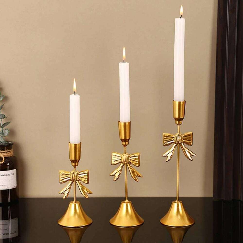 Table Decor Intricate Christmas Festive Bow Candlestick Golden Light Luxury Candle Holder H260310