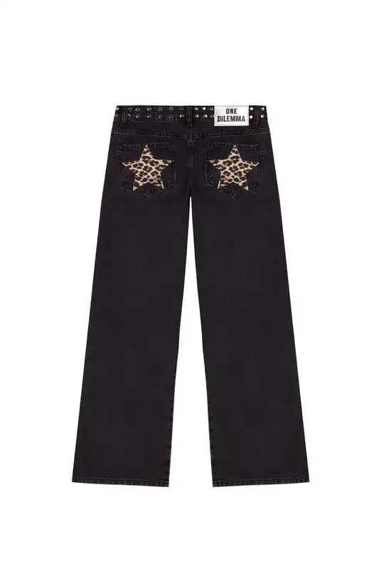 American Fashion Y2K Gothic Women Jeans Five Pointed Star Sequined Rivet Mid Rise Baggy Slim TrousersT260310