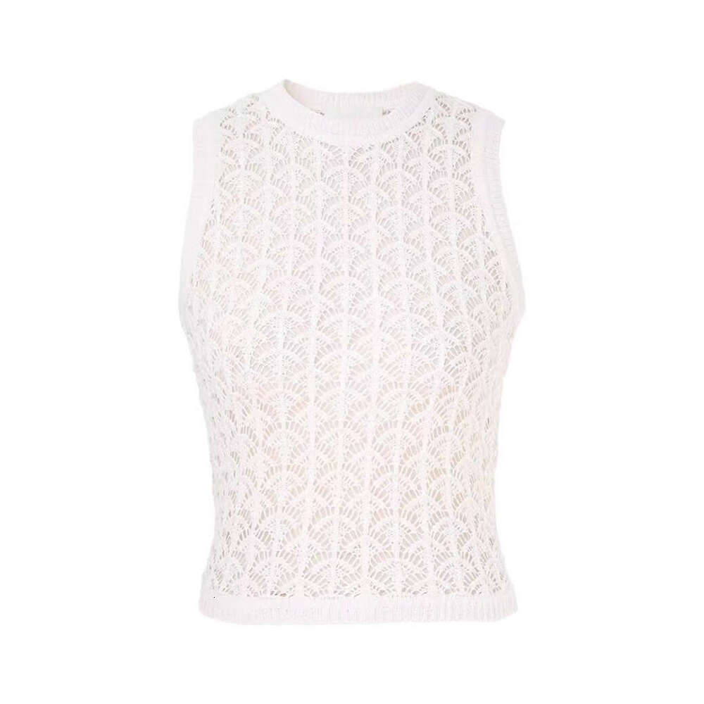 2026 Celebrity Same Style Simple White Elegant Lady Hollow Sleeveless Knitted Tank Top Long Skirt Set