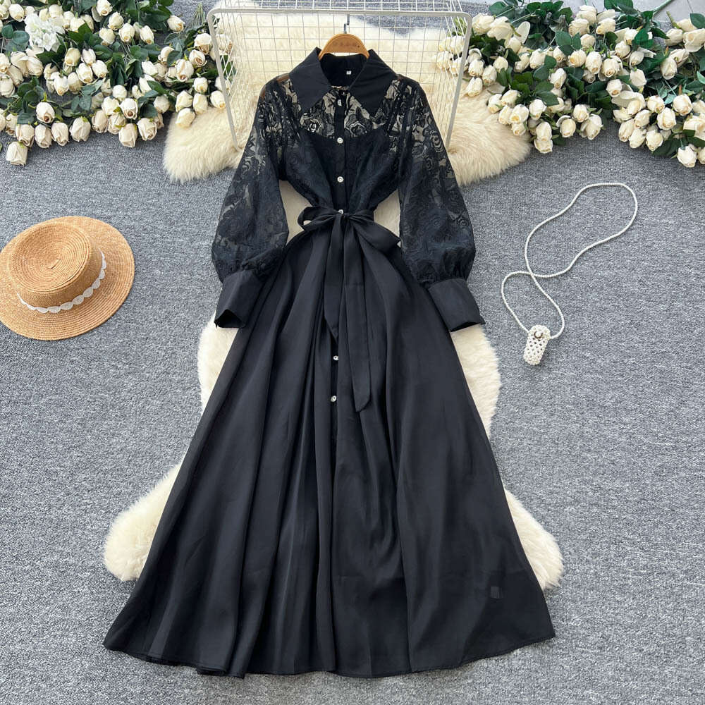 2026 French high-end elegant women's long skirt autumn fashion lace long sleeved patchwork tie waist mesh dress