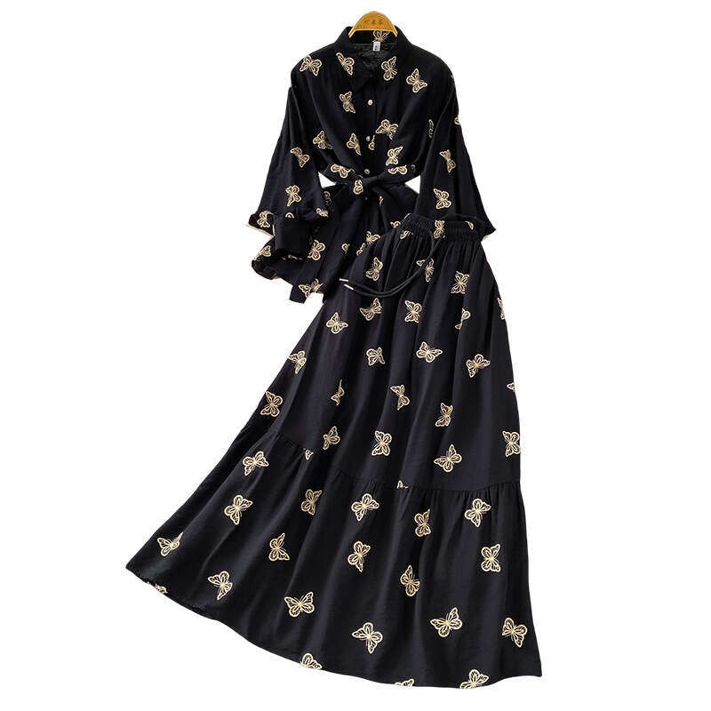 2026 Retro Style Elegant, Unique, Exquisite Embroidered Butterfly Long Sleeve Sunscreen Shirt with High Waist Skirt