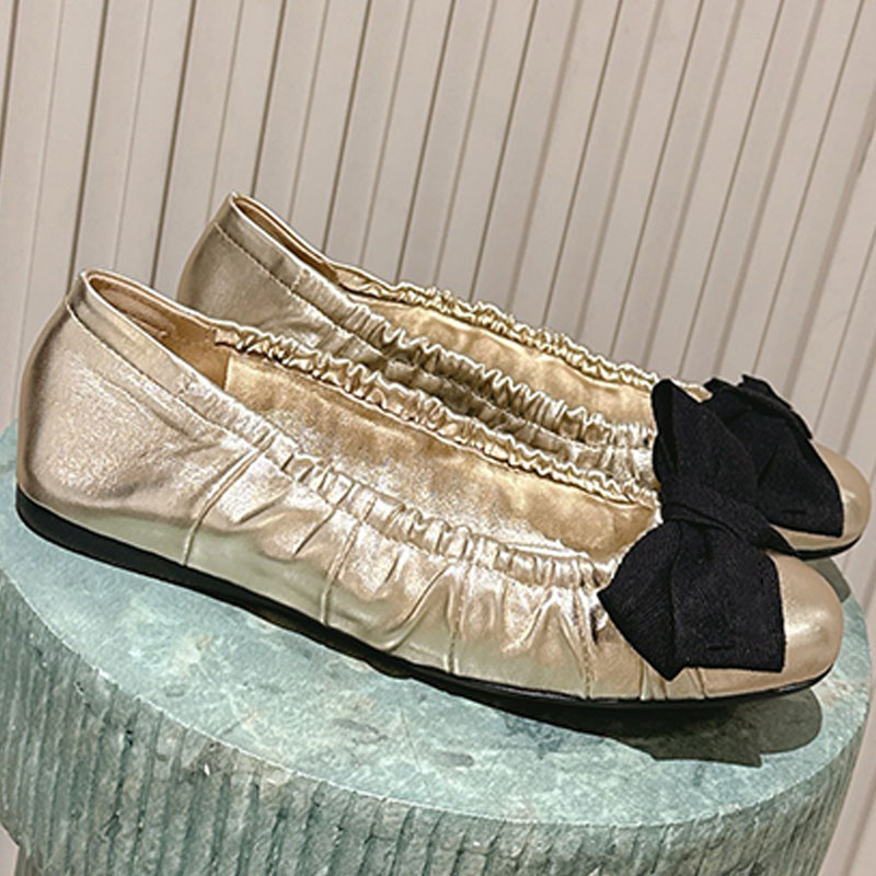 Designer Women Leather Ballerinas Shoes Mordore Nappa Leather Lady Casual Shoes Round Head Cone Style Upper with Fabric Bow Rubber Sole top quality