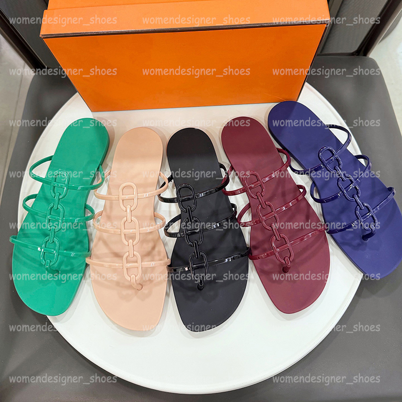 Women Designer Rubber Sandals Jelly Slides Summer TPU Slippers Chains Flip Flops Flat Bottom Beach Shoes Outdoor Waterproof Woman Sliders Size 36-41