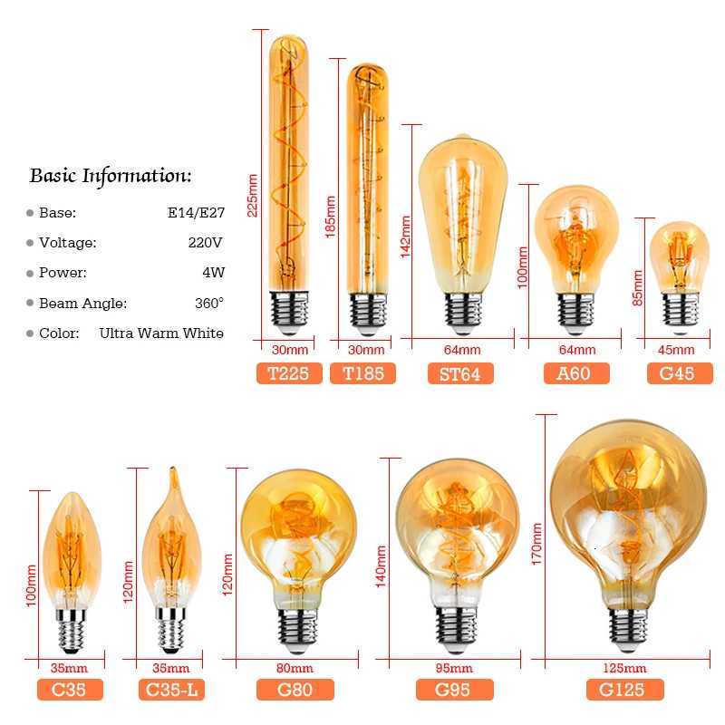 2-10pcs Retro LED Spiral Filament Light Bulb E14 E27 4W 220V Warm Yellow C35 A60 ST64 T185 T225 G80 G95 G125 Vintage Edison Lamp H260310