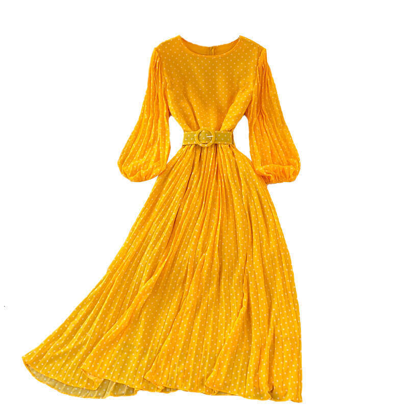 2026 vacation style beach long dress with waistband and big hem chiffon dress with polka dot pattern for autumn wear