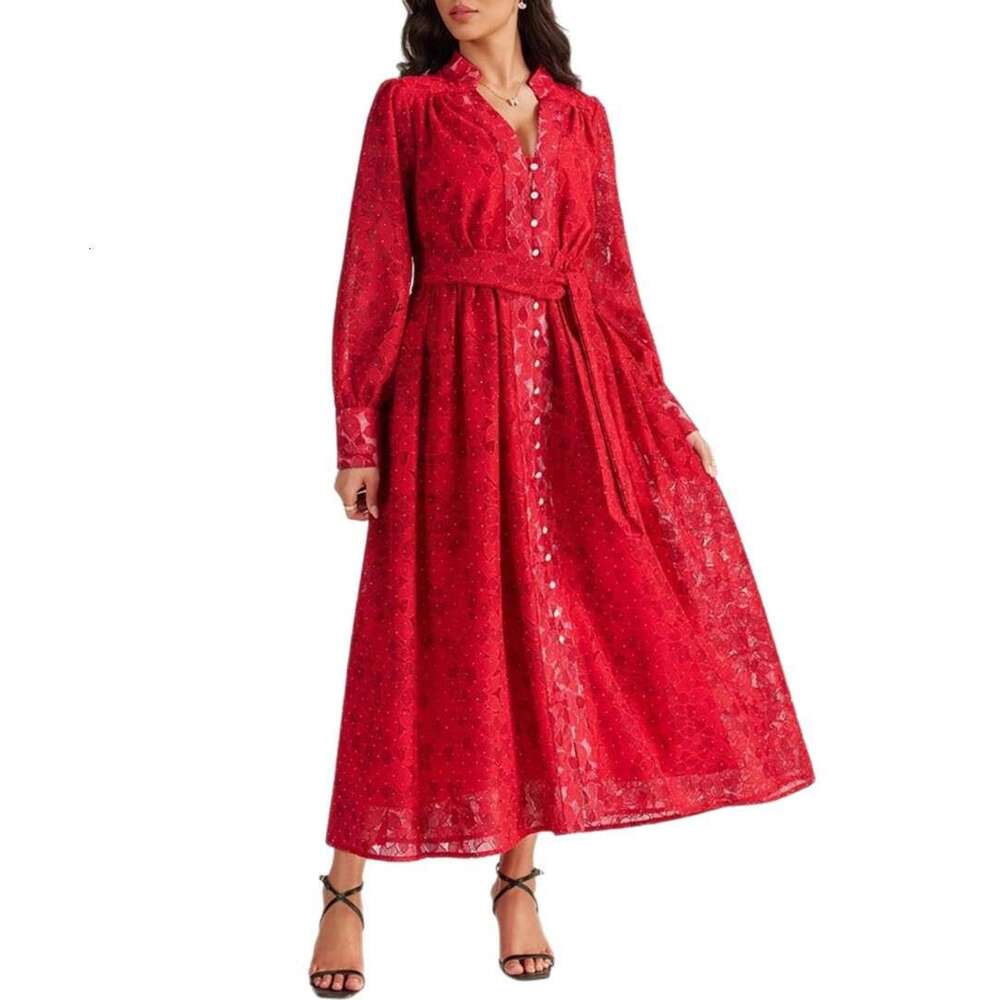 2026 autumn and winter European and American niche dark flower pattern goddess elegant loose tie waist cardigan multi-color long skirt