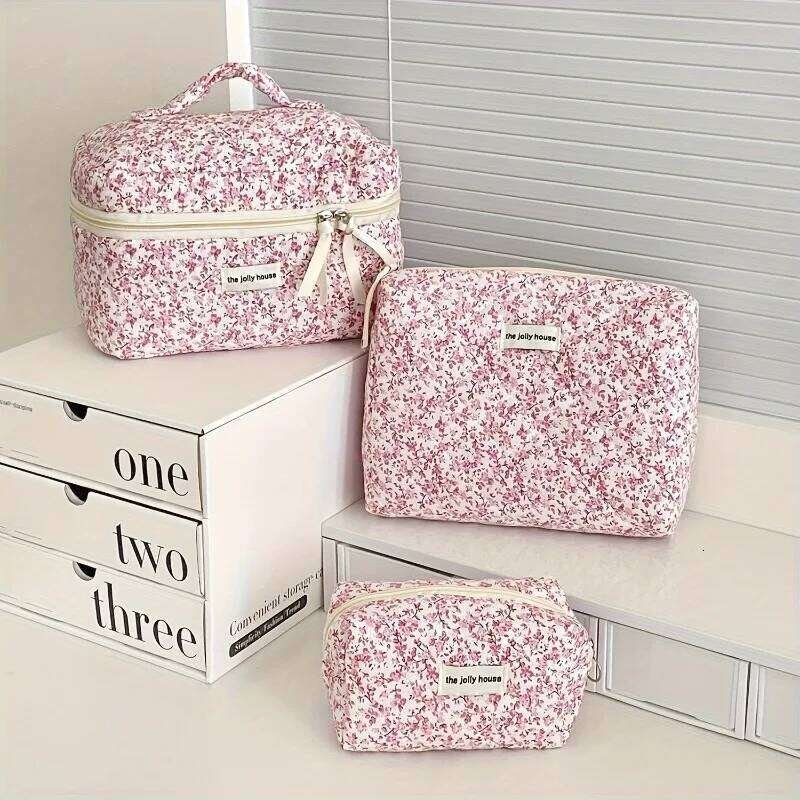 Large Capacity Floral Bag Vintage Diamond Quilted Design Portable Durable Handle Cosmetic Organizer Travel Makeup Storage XJ260310