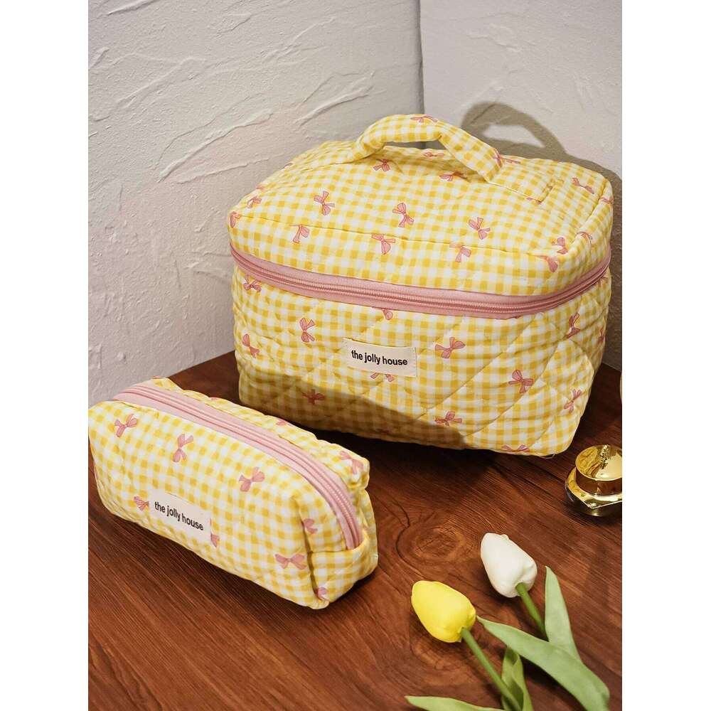 1pc/set Yellow Plaid Quilted Cute Bowknot Bag, Portable Toiletry Set with Zipper, Handheld Makeup Bag XJ260310