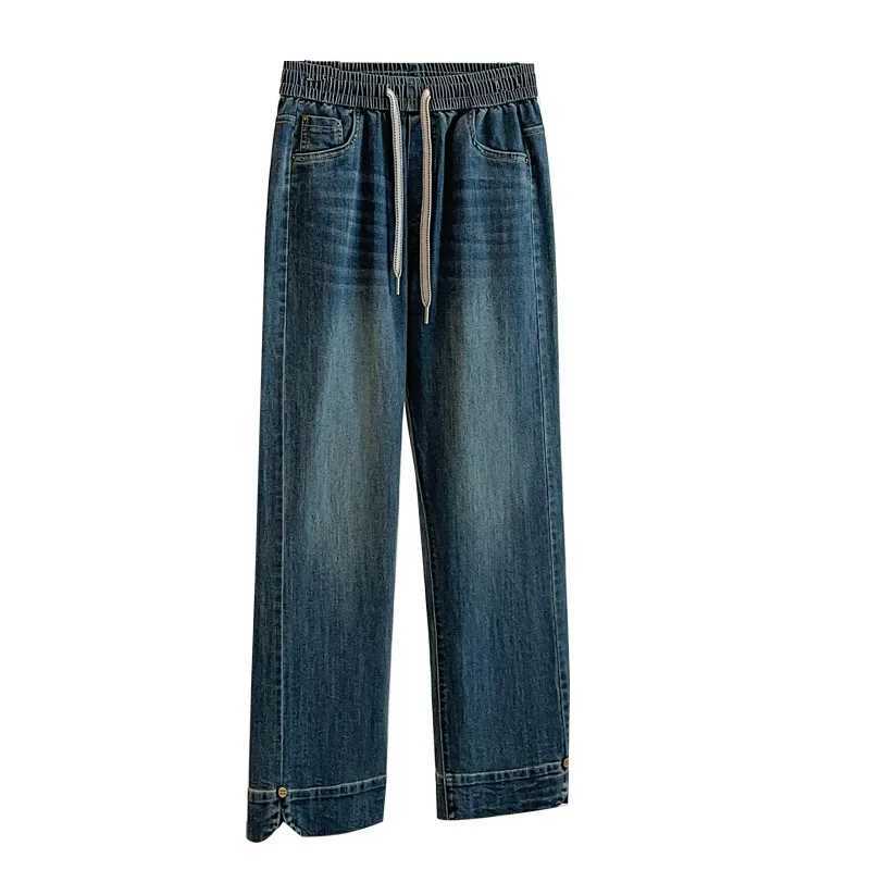 Autumn Women 9XL Blue Jeans Fashion Washed Cotton Elastic Straight Denim Pants Korean Casual Simple Female High Waist Trousers M260310