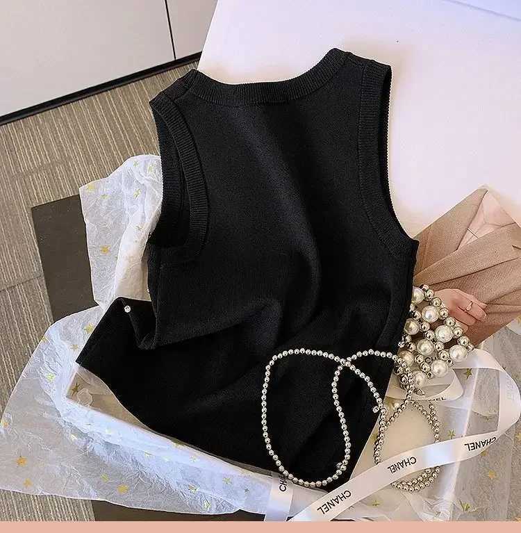 New Versatile Slim Fit Sling Top for Women Rhinestone Letter Embroidery, Premium Summer Knit VestT260310