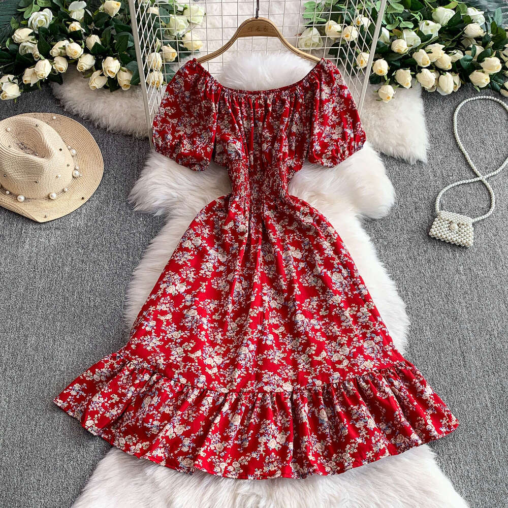 Women's designer French printed off shoulder bubble sleeve dress with summer stretch waist slimming and ruffled details