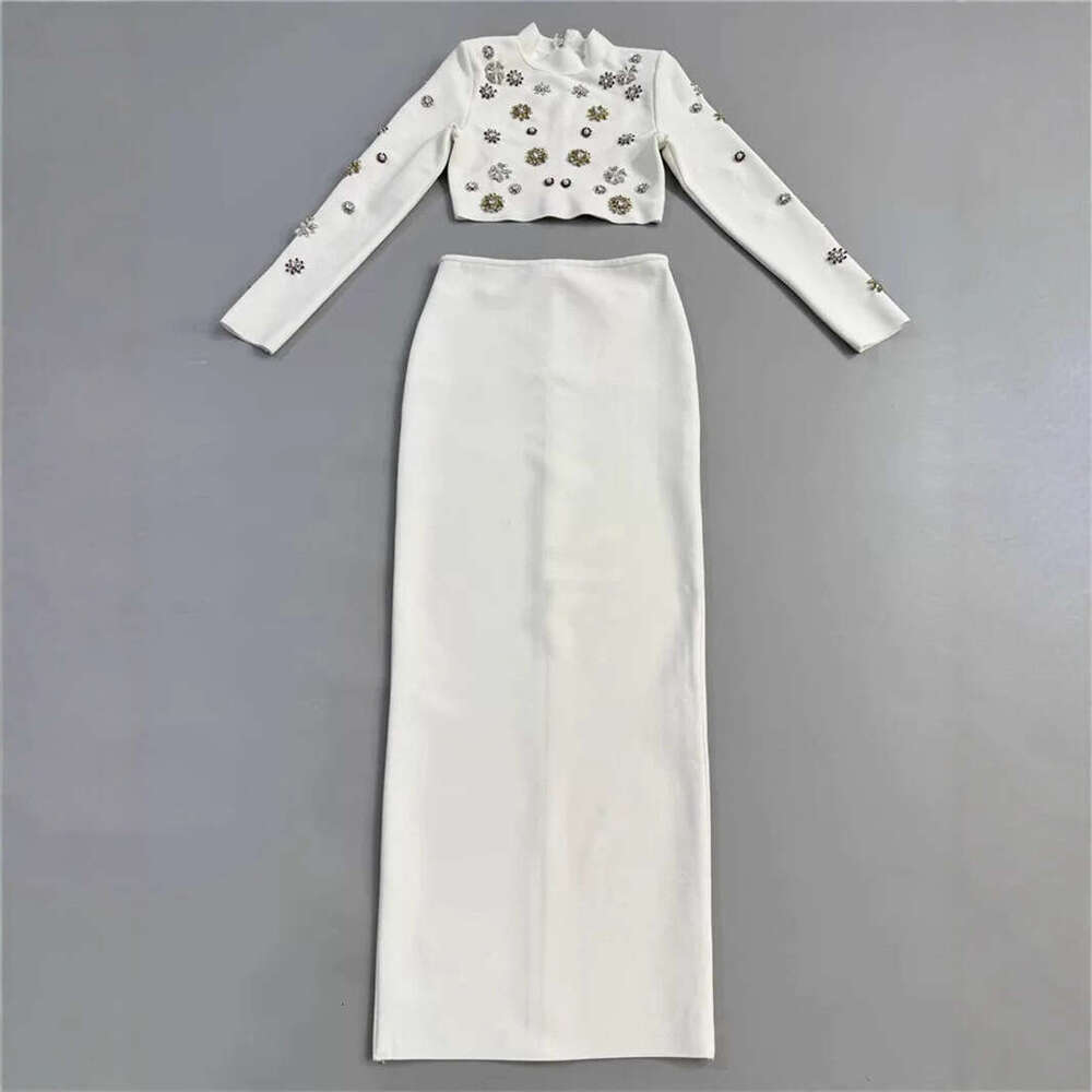 2026 autumn/winter European and American goddess style sexy thick bead decoration stand up collar short top slim fit mid skirt set