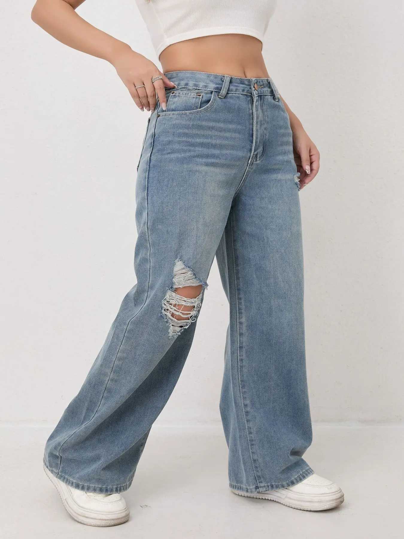 European and N Style Loose Leg Straight-leg Jeans with Holes Women Comfortable Fashion All-matching Trend Jeans M260310