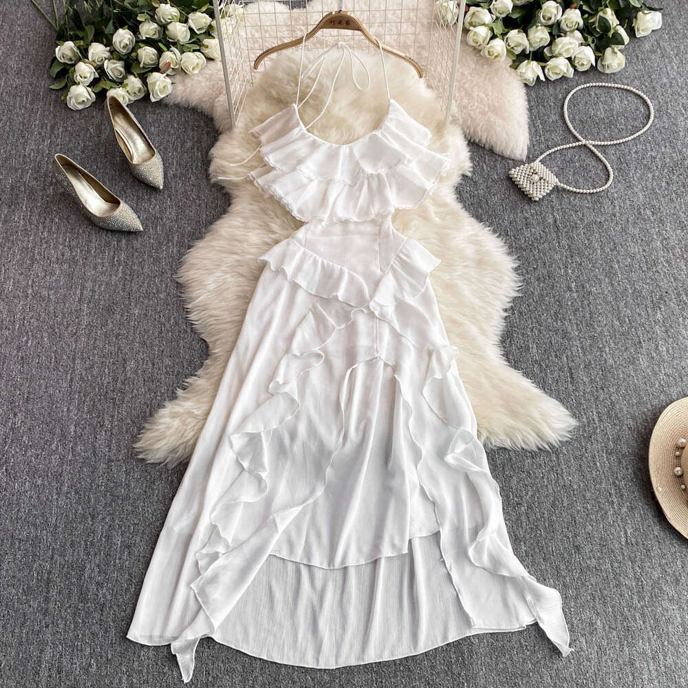 2026 designer's bright red backless collar dress with ruffled edges and perfect seaside travel and vacation