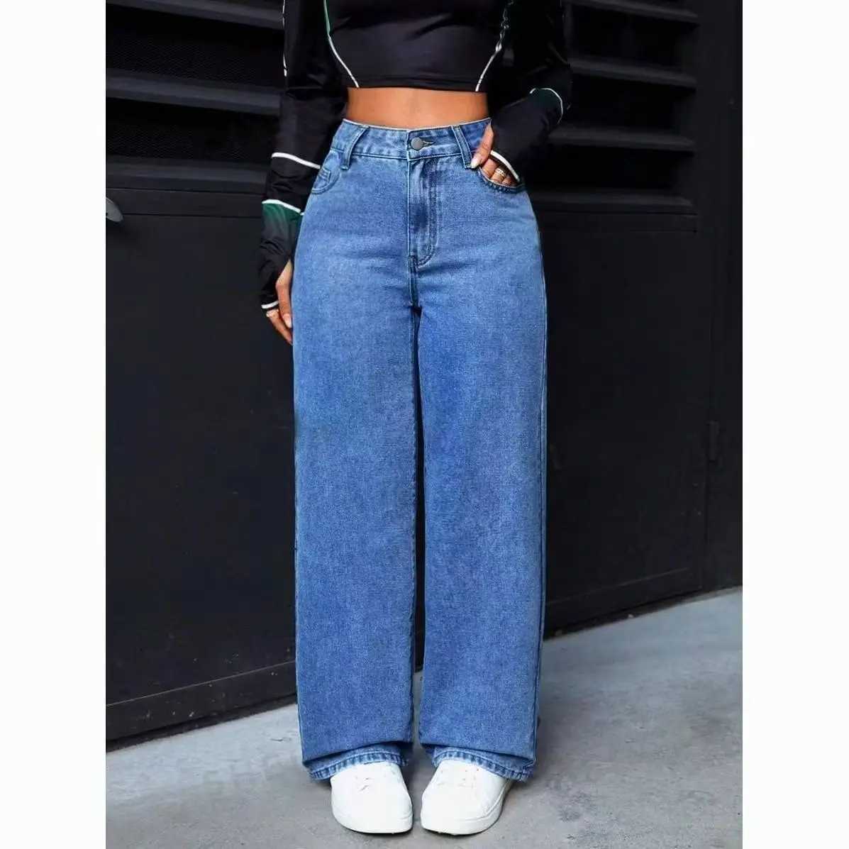 American Blue Washed High-Waisted Straight-Leg Jeans Women Loose Fashion Front Back Pockets Jeans Suitable Daily Casual Jean M260310