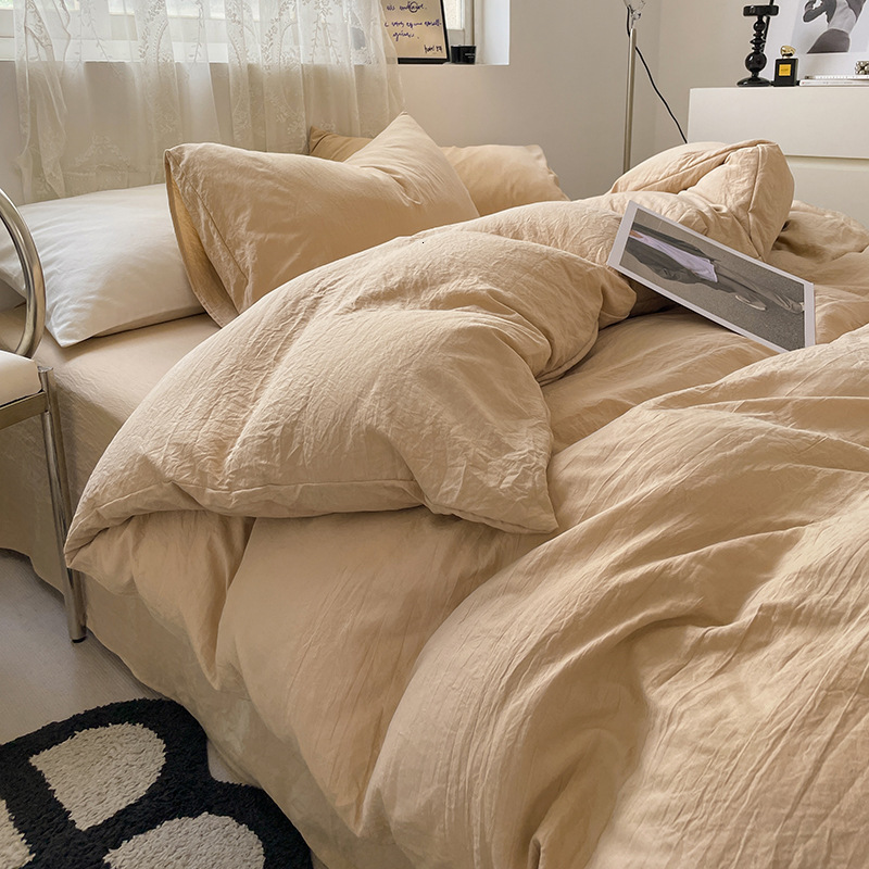 INS solid color washed cotton four-piece bedding cover, bed sheet, student dormitory three-piece set, homestay single duvet cover supplies