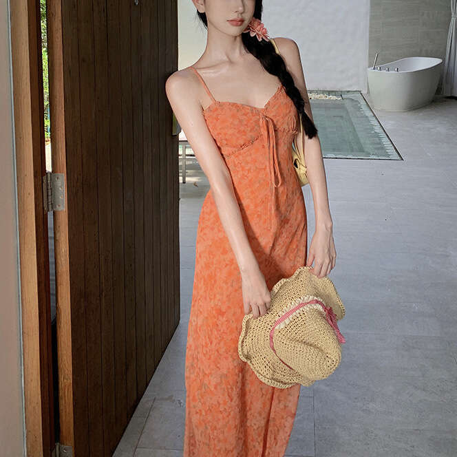 2026 Spring and Summer New Designer Flower Festival Long Skirt with Waist and Lovely Orange Tank Top Dress