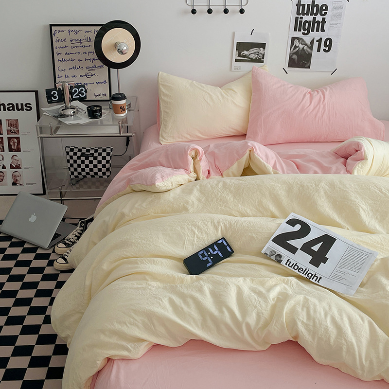 INS solid color washed cotton four-piece bedding cover, bed sheet, student dormitory three-piece set, homestay single duvet cover supplies
