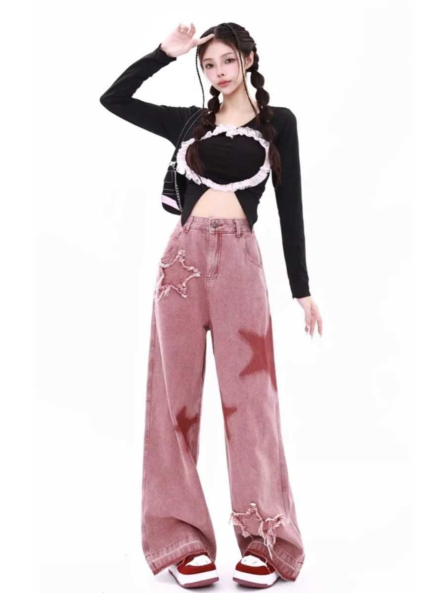 Large Size Women American Street Pink High Waist Autumn Korean Wide-leg Jeans Loose Fashion Versatile Straight Leisure Trousers M260310