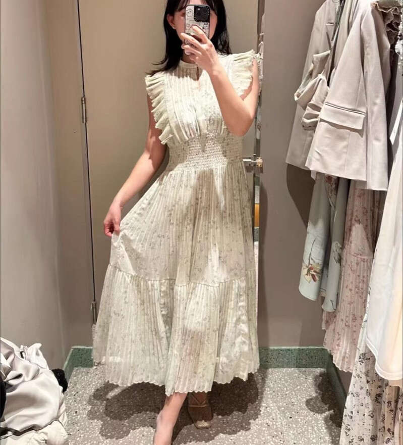 2026 Spring and Summer New Women's Celebrity Same Style Printed Flower Flowing Sleeve Fold Dress
