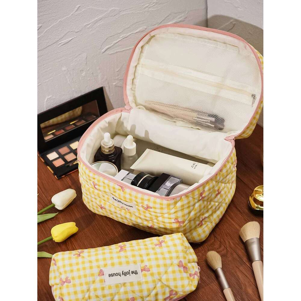 1pc/set Yellow Plaid Quilted Cute Bowknot Bag, Portable Toiletry Set with Zipper, Handheld Makeup Bag XJ260310