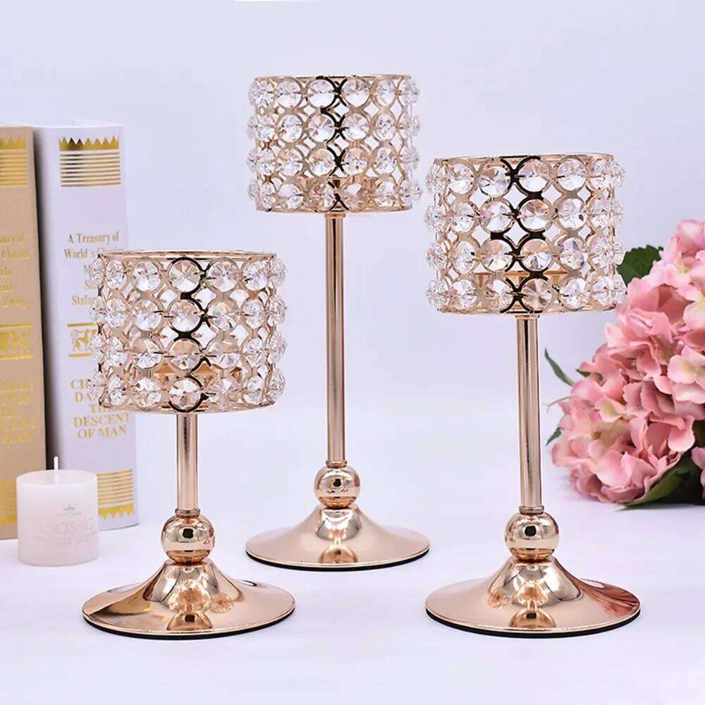 Peandim Silver Gold Plated Candlestick Crystal Candelabra Centerpieces Wedding Party Decor Romantic Home Table Candle Lantern H260310
