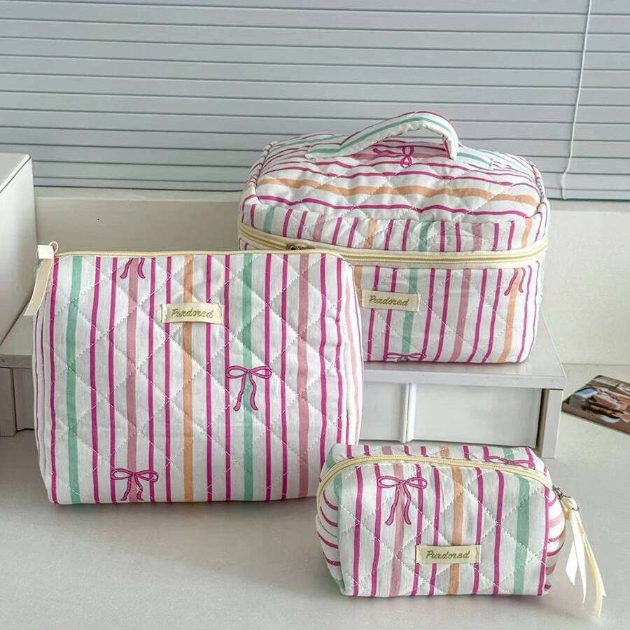 Personality Stripe Bowknot Women Cosmetic Portable Simple Quilting Bag Pouch Travel Large Capacity Makeup Storage Handbag XJ260310