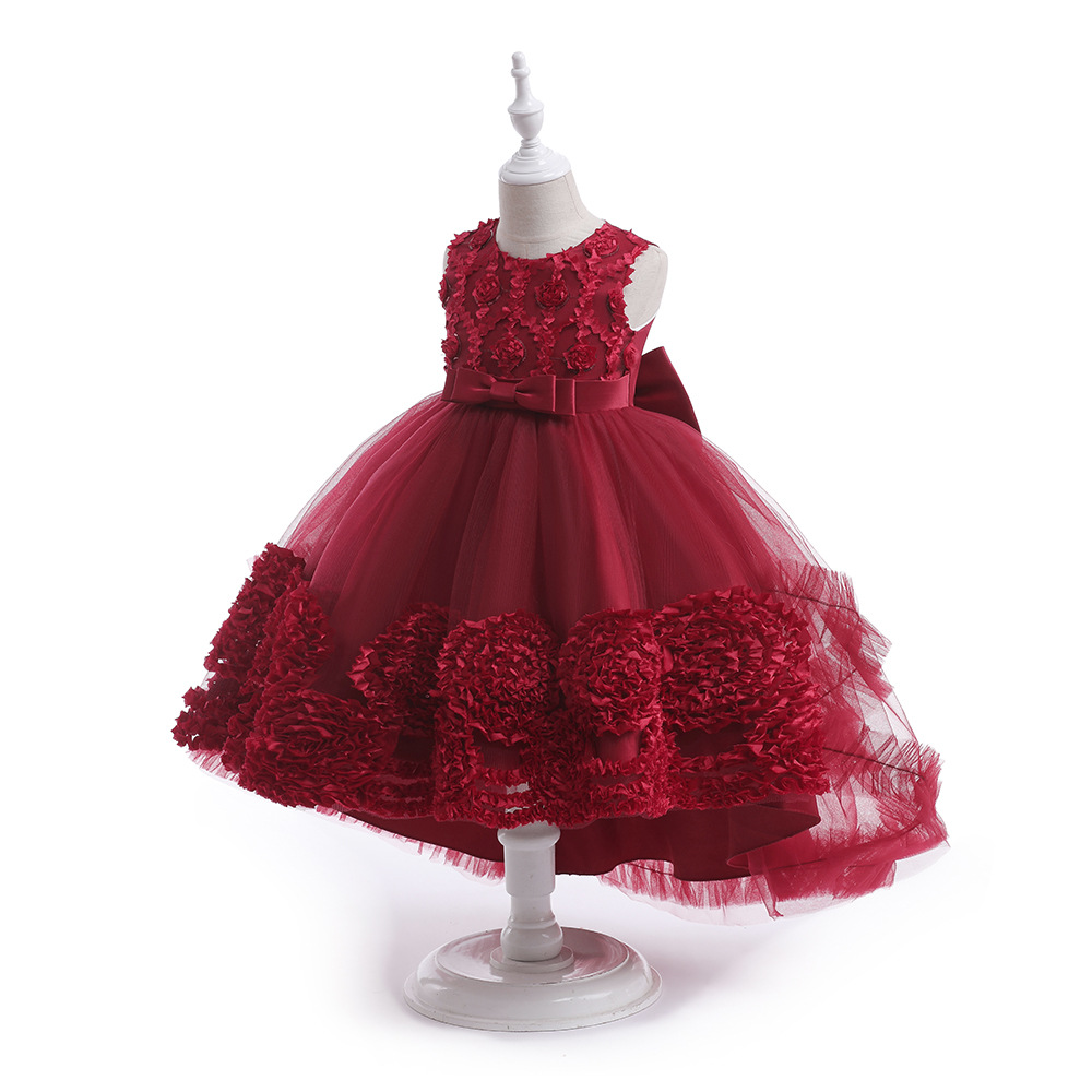 Children's piano performance costume, flower girl puff-petalled flower wedding dress, elegant little model fashion show trailing skirt, girl'