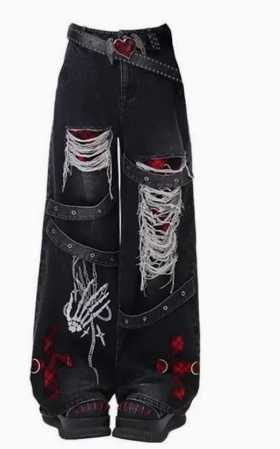 Y2K Red GoTHic Hip-Hop Hole Vintage Jeans High Street Trend American Baggy Wash Overall Belt Splicing Woman Wide-leg Pants M260310