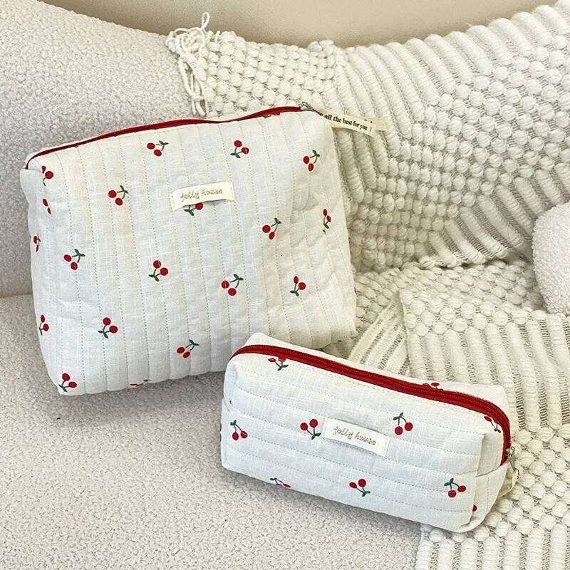 Quilted Cotton Ladies Travel Storage Retro Cherry Women's Cosmetic Bags Cute Design Girls Pencil Case Makeup Bag Handbags XJ260310