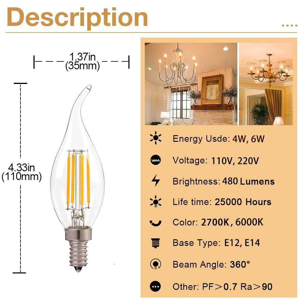 E12 E14 LED Chandelier Light Bulb 60W Equivalent Retro Candelabra Bulbs 6000K 2700K Warm White 480LM Clear Glass Lighting Lamps H260310