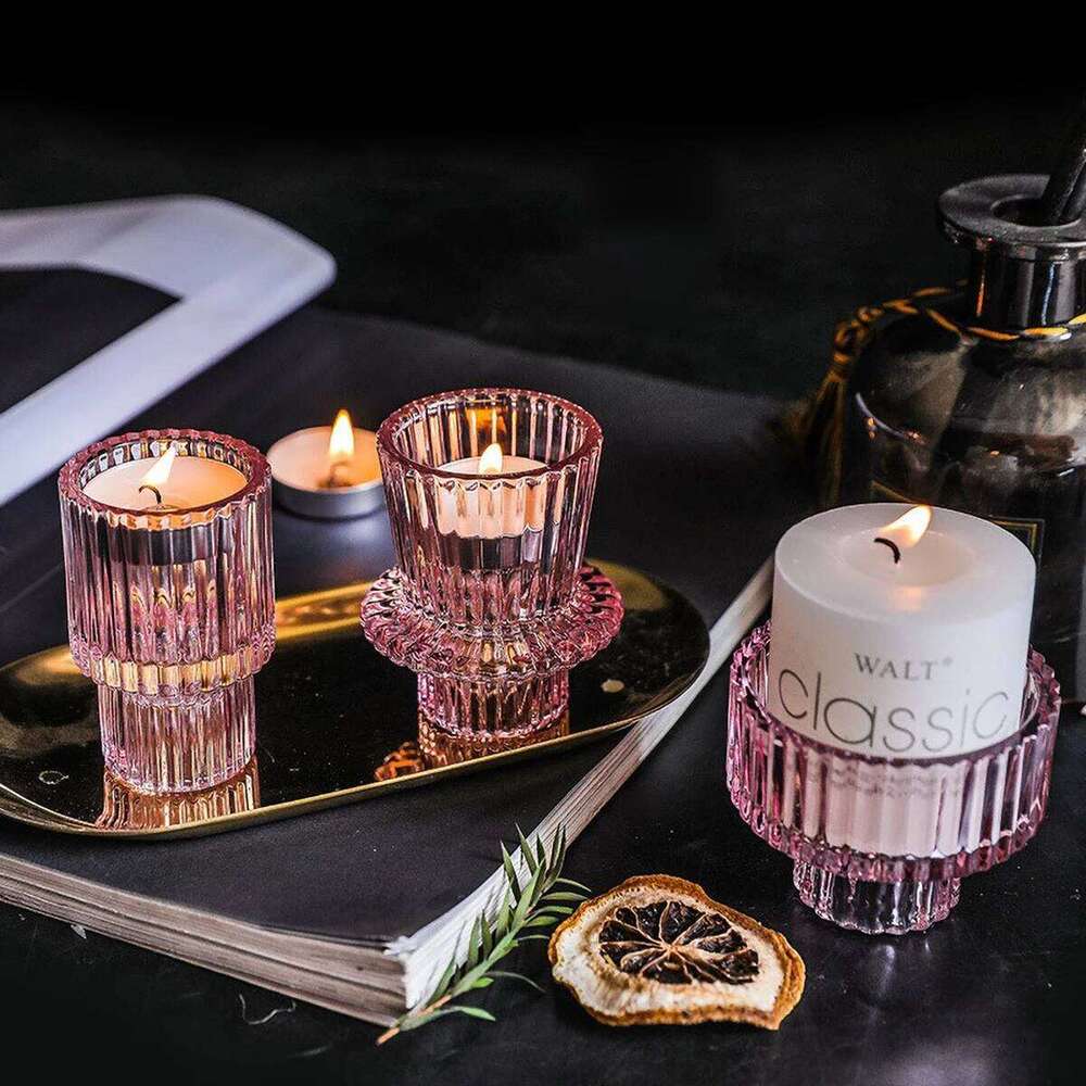 Clear Small Glass Candle Holder for Dining - Transparent Desktop Centerpiece Decor, Modern Table Design Candlesticks H260310