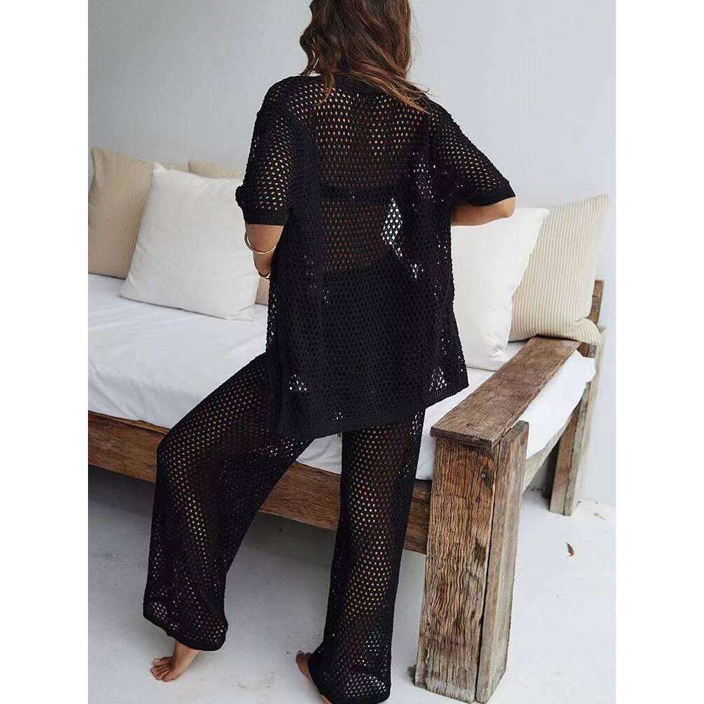 Piece Knitted Openwork Outfit For Women Summer Casual Beach Suits Loose Cardigan Short Sleeve Tops And Pant Sets MAKOUFEI
