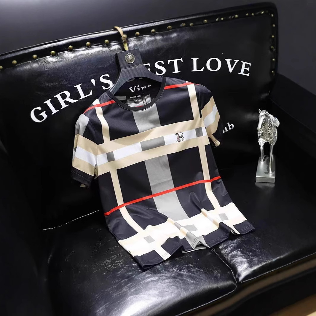 Clothes Luxury Designer European Station Cool Short Sleeve T-Shirt For Men Summer New Plaid Brand Print B Letter Personality 2026 Youth Trend Plus Siz