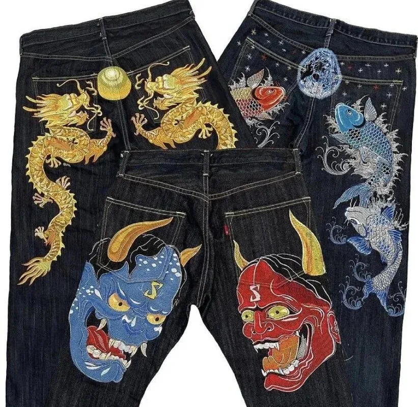 Men's Jeans Karakuri Brocade Carp Printed Jeans Harajuku American Fashion Y2K Knight Yellow Pattern Printed Summer Casual Street Trousers Hip Hop